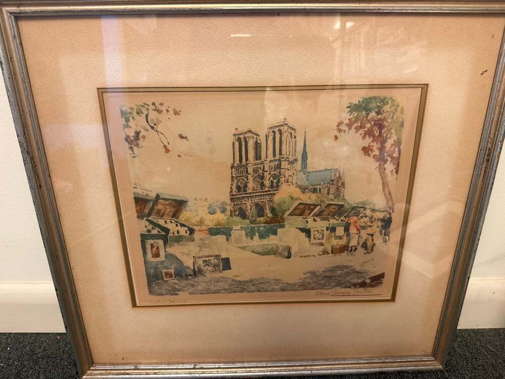 Signed Rene Sautin Watercolor Painting Notre-Dame Cathedral in Paris Framed